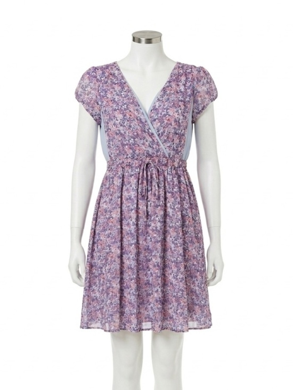 Princess Vera Wang Purple Floral Chiffon Faux Wrap V Neck Mini Babydoll Dress XL